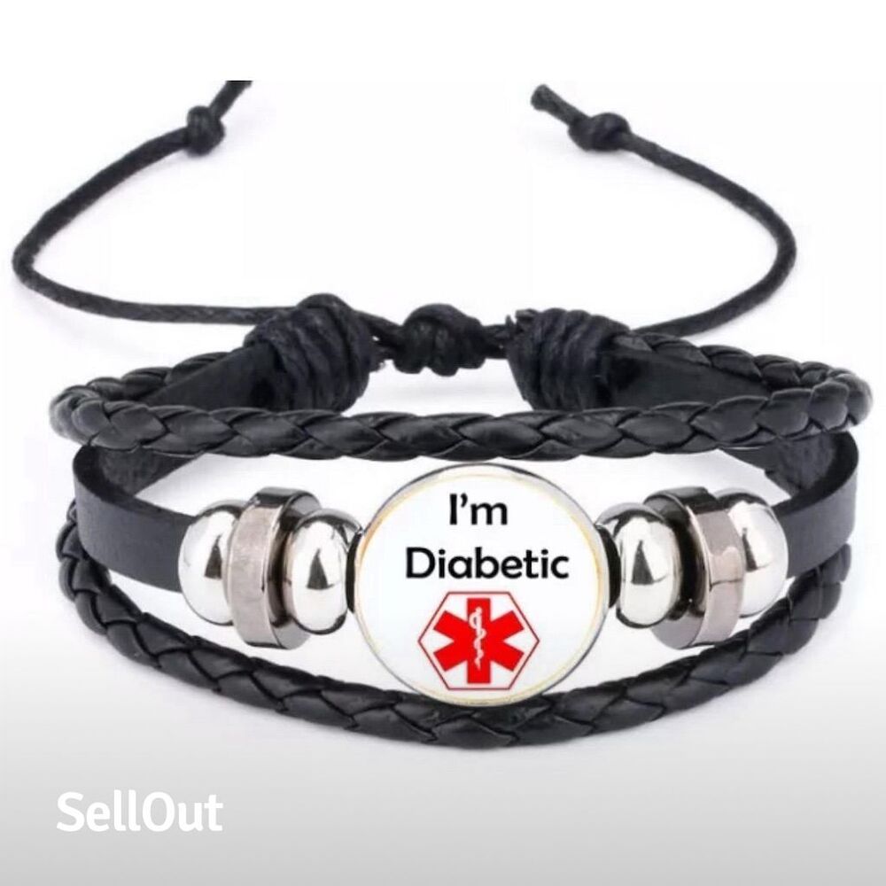 Medical Alert ID Bracelet Black Braided Leather Diabetic